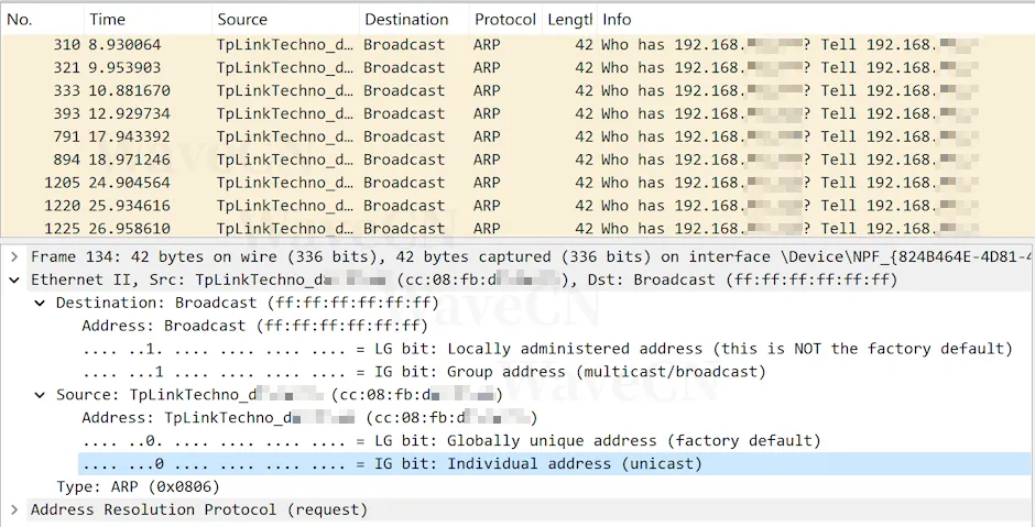 arp packet with broadcast address
