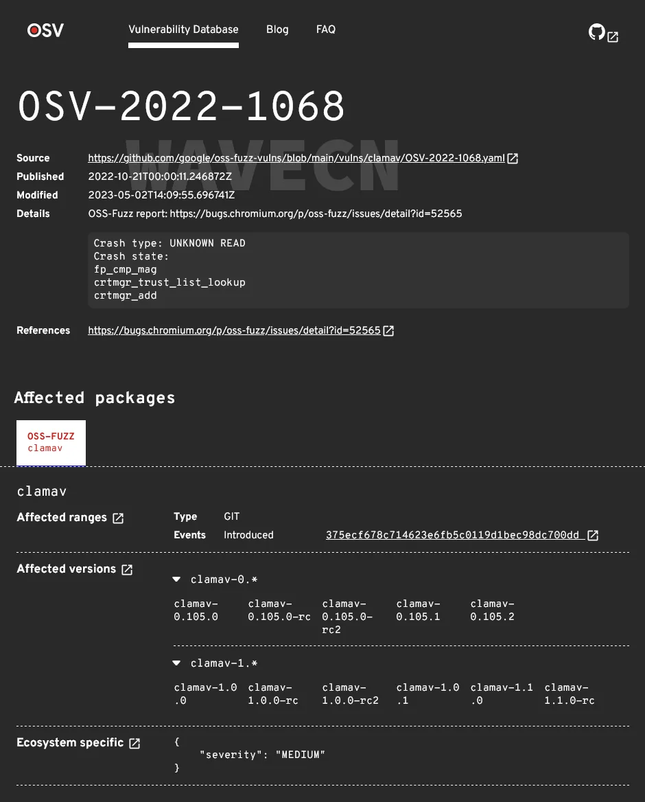 osv.dev search result detail